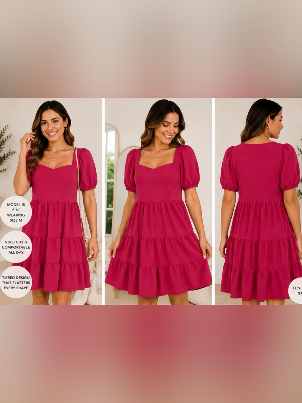 583 Tash + Sophie Fuchsia Tiered Puff Sleeve Babydoll Dress Stretchy Pink Mini M